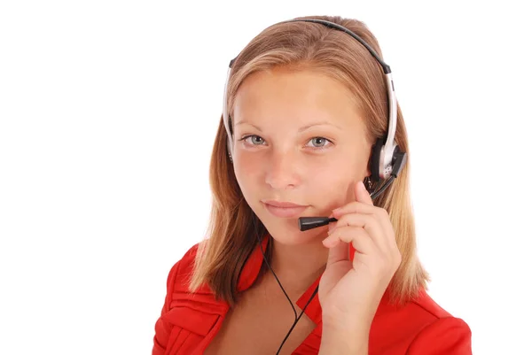 Hermosa chica estudiante operador de servicio al cliente con auriculares — Foto de Stock