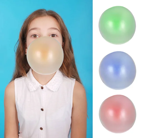 Girl blowing a big bubble gum bubble — Stock Photo, Image