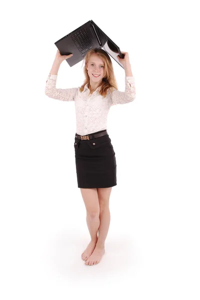 Happy student teenage girl with laptop — Stock Photo, Image