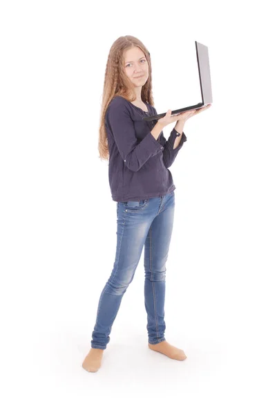 Smiling student teenage girl with laptop — Stock Photo, Image