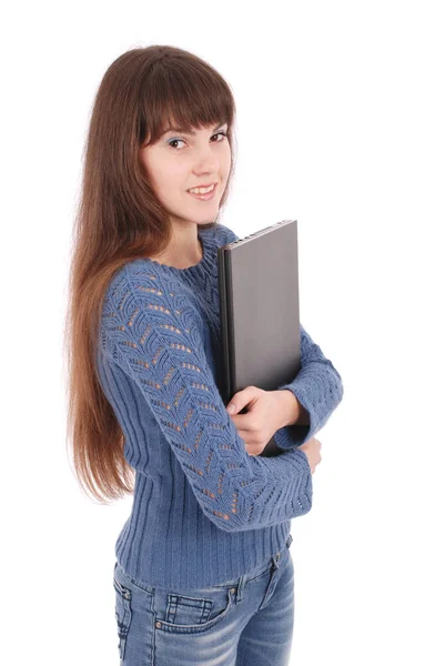 学生少女与笔记本电脑的肖像 — 图库照片