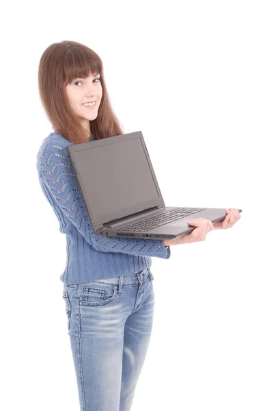 学生少女与笔记本电脑的肖像 — 图库照片