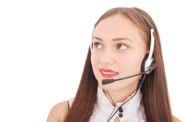 Bello servizio clienti operatore studente ragazza con headse — Foto Stock