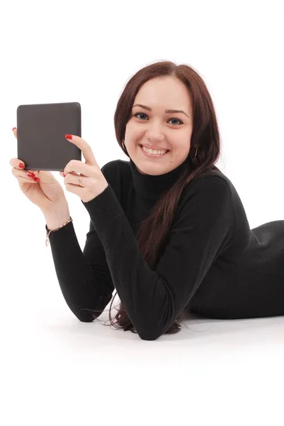 Happy student teenage girl sitting on the floor with tablet pc — Stock Photo, Image