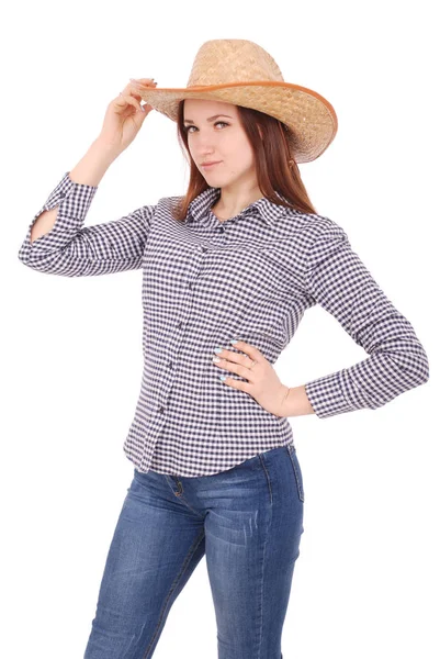 Pretty young woman wearing a big floppy straw sun hat — Stock Photo, Image