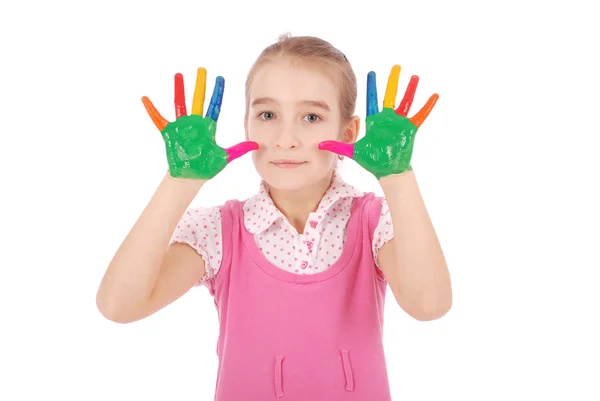 Gyönyörű kislány kezekkel a festékben. — Stock Fotó