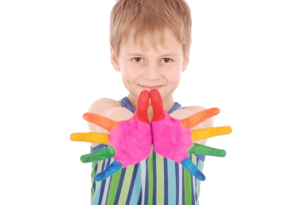 Hermoso niño con las manos en la pintura —  Fotos de Stock