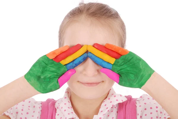 Krásná holčička s rukama v barvě — Stock fotografie