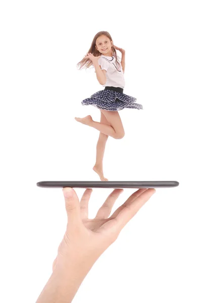 Young girl jump using tablet pc on people hand — Stock Photo, Image