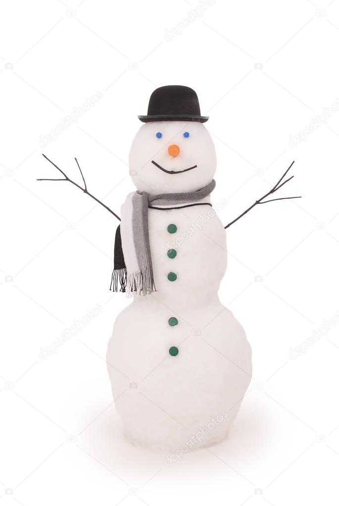 White snowman with scarf and hat bowler. 