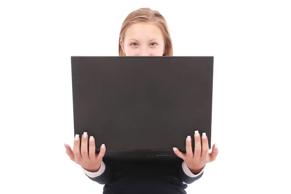 Boldog diák tizenéves lány laptop — Stock Fotó