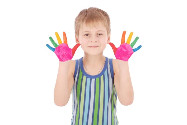 Beautiful little boy with hands in the paint — Stock Photo, Image