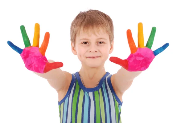 Schöner kleiner Junge mit Händen in der Farbe — Stockfoto