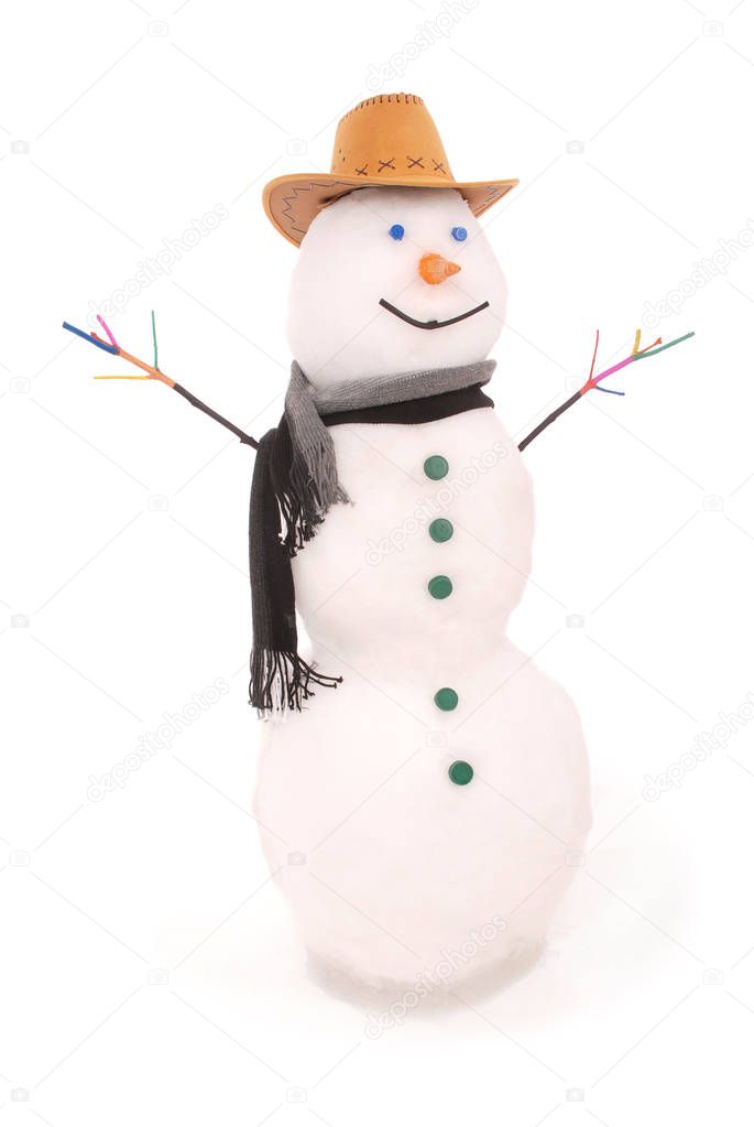 White snowman with scarf and Sheriff's hat. 