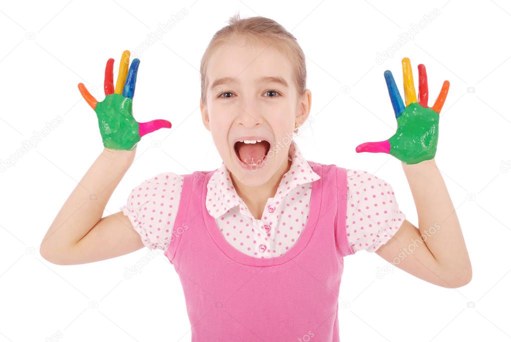 Beautiful little girl with hands in the paint