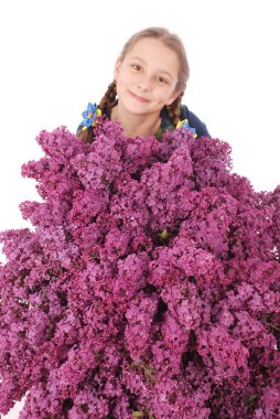 Lila ile beyaz katta oturan el çekici kız