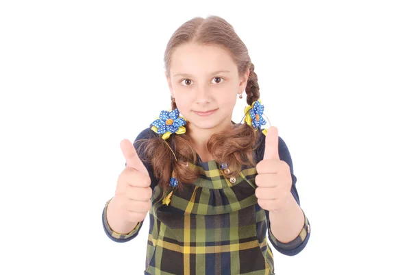 Girl has her arms raised and thumbs up to signify a job well done — Stock Photo, Image