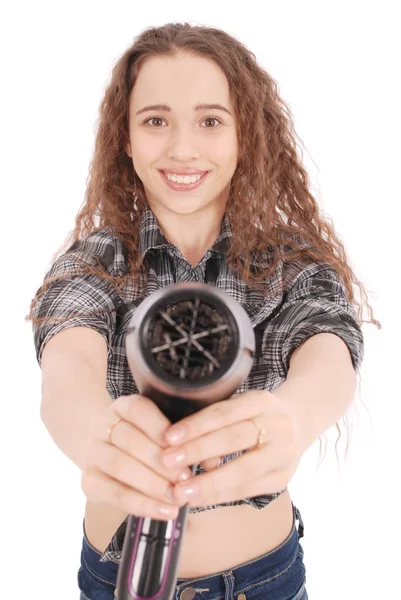 Young girl with hair dryer — Stock Photo, Image