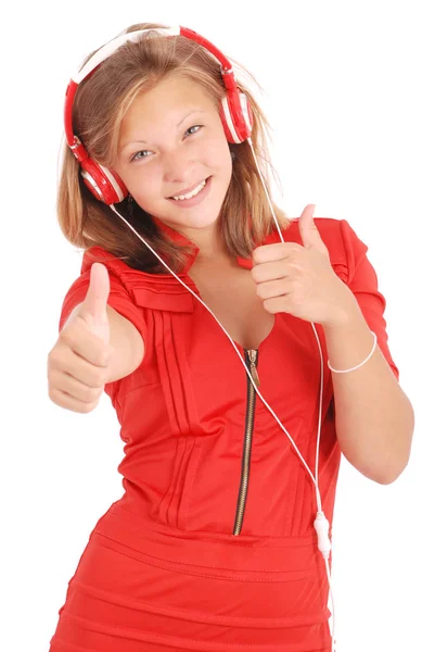 Jolie adolescente écoutant de la musique sur son casque — Photo