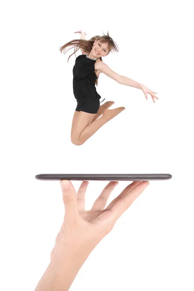 Young girl jump using tablet pc on people hand — Stock Photo, Image