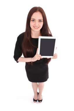 Mutlu öğrenci genç kız görünümünden yukarıdaki ve bir tablet gösterilen 