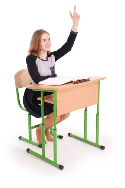 Teenager school girl raising hand to ask question — Stock Photo, Image