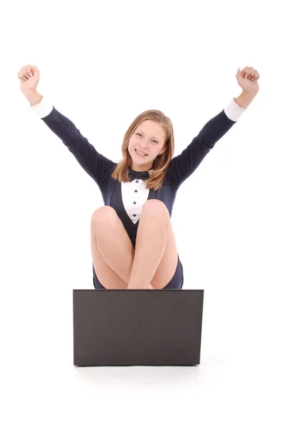 Happy student teenage girl with laptop — Stock Photo, Image