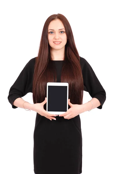 Teenage girl holds tablet computer — Stock Photo, Image