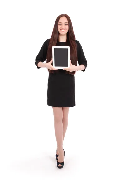 Adolescente chica sostiene tableta ordenador — Foto de Stock