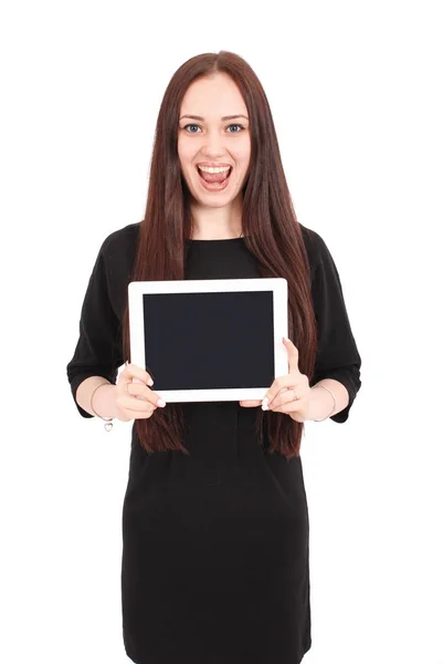 Emozioni adolescenziali. Ragazza che mostra uno schermo tablet vuoto — Foto Stock