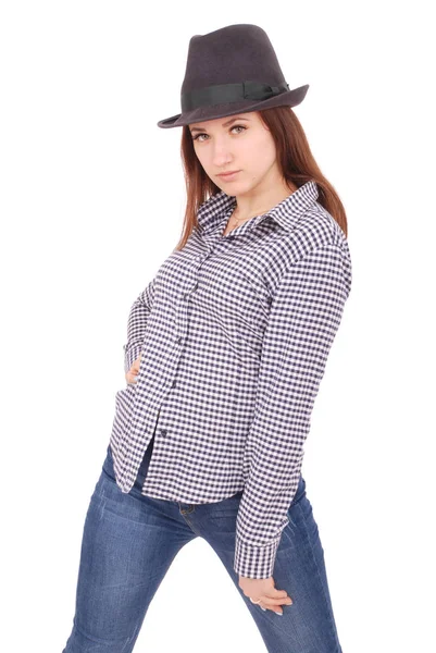 Kafasında siyah şapkalı güzel genç kız — Stok fotoğraf