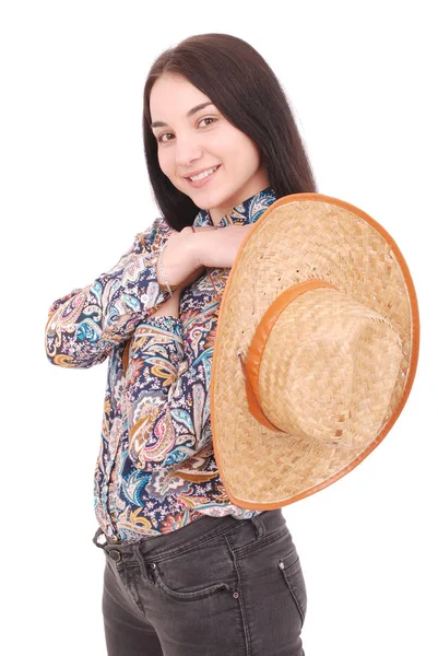 Jolie jeune femme portant un grand chapeau de soleil en paille — Photo