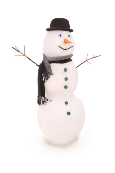 Boneco de neve branco com cachecol e chapéu tigela . — Fotografia de Stock