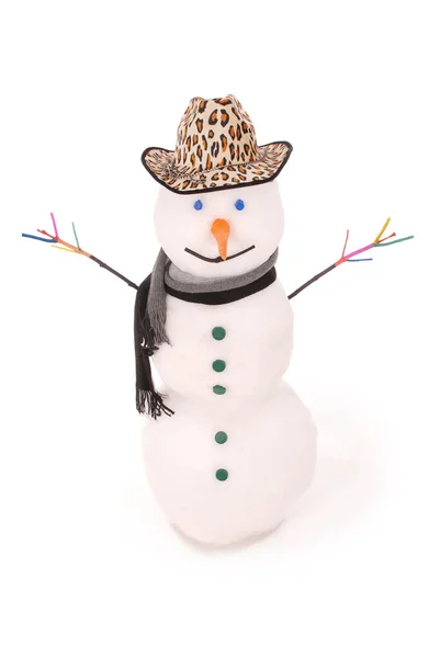 Witte sneeuwpop met sjaal en muts van de Panther. — Stockfoto