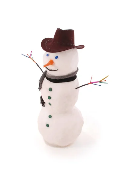 Weißer Schneemann mit Schal und Sheriffhut. — Stockfoto