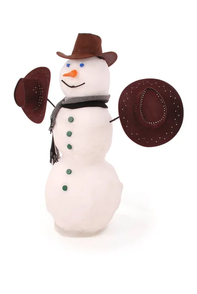 Білий сніговик з шарфом і трьома капелюхами . — стокове фото