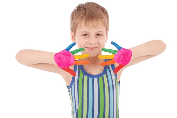 Beautiful little boy with hands in the paint — Stock Photo, Image