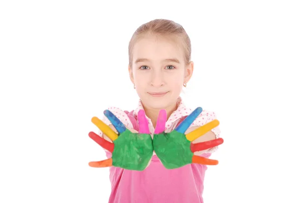 Gyönyörű kislány kezekkel a festékben. — Stock Fotó