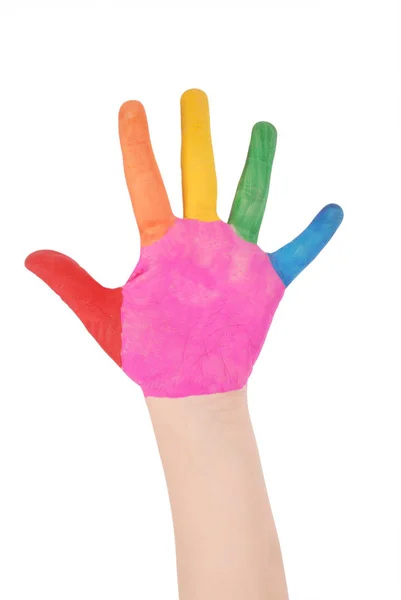손으로 인쇄할 수있도록 천연색 페인트로 손을 그린 어린이들 — 스톡 사진