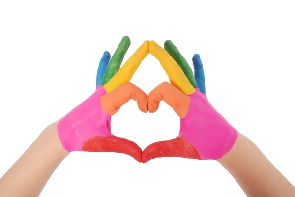 Child's hand painted watercolor in heart — Stock Photo, Image