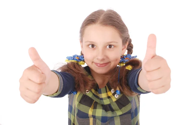 Girl has her arms raised and thumbs up to signify a job well done — Stock Photo, Image