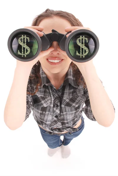 Šťastná mladá dívka s dalekohledem a dolarů znamení — Stock fotografie