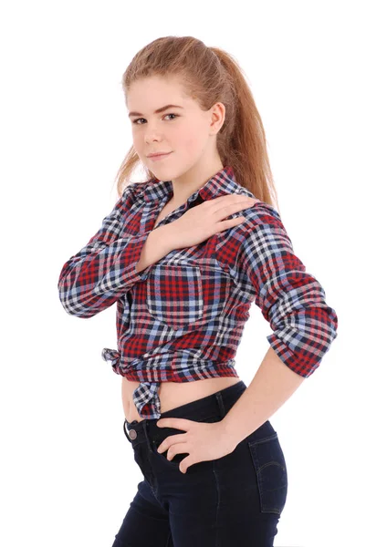Portré egy szép boldog lány kockás ing — Stock Fotó