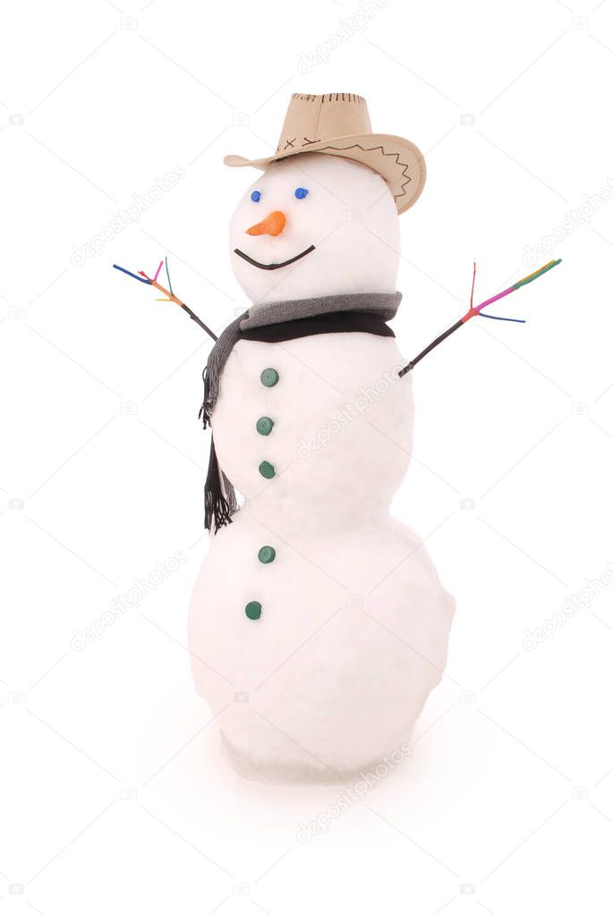 White snowman with scarf and Sheriff's hat. 