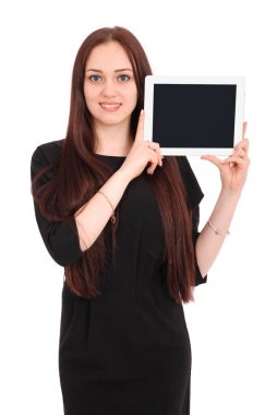 Tablet pc ile mutlu öğrenci genç kız.