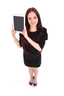 Mutlu öğrenci genç kız görünümünden yukarıdaki ve bir tablet gösterilen 