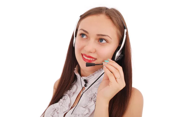 Menina estudante operador de serviço ao cliente bonita com headse — Fotografia de Stock