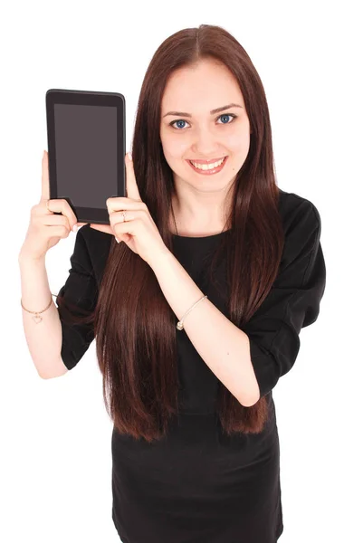 Happy student teenage girl view from above and showing a tablet — Stock Photo, Image