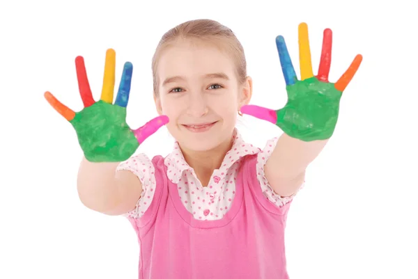 Vacker liten flicka med händer i färgen — Stockfoto