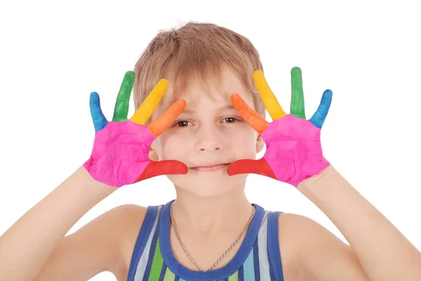 Hermoso niño con las manos en la pintura —  Fotos de Stock